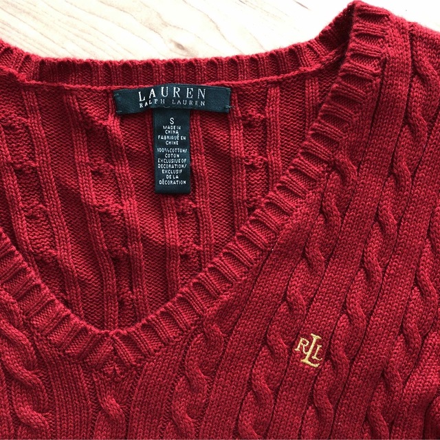 コットンラルフローレン　ケーブルニット セーター レッド 赤　ロゴ刺繍