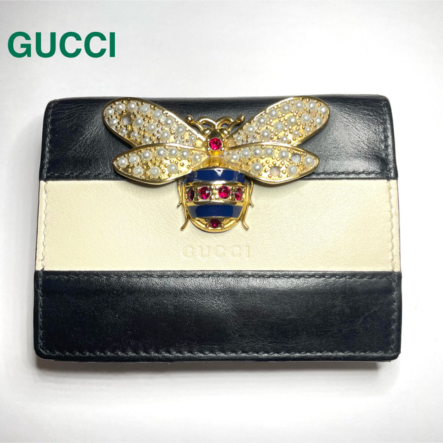 Gucci(グッチ)の【GUCCI】クイーンマーガレット 二つ折り財布 蜂 ハチ ビジュー 黒 レザー レディースのファッション小物(財布)の商品写真