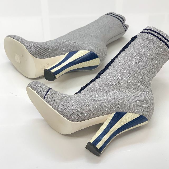 6070 フェンディ ニット ラメ ショートブーツ シルバー