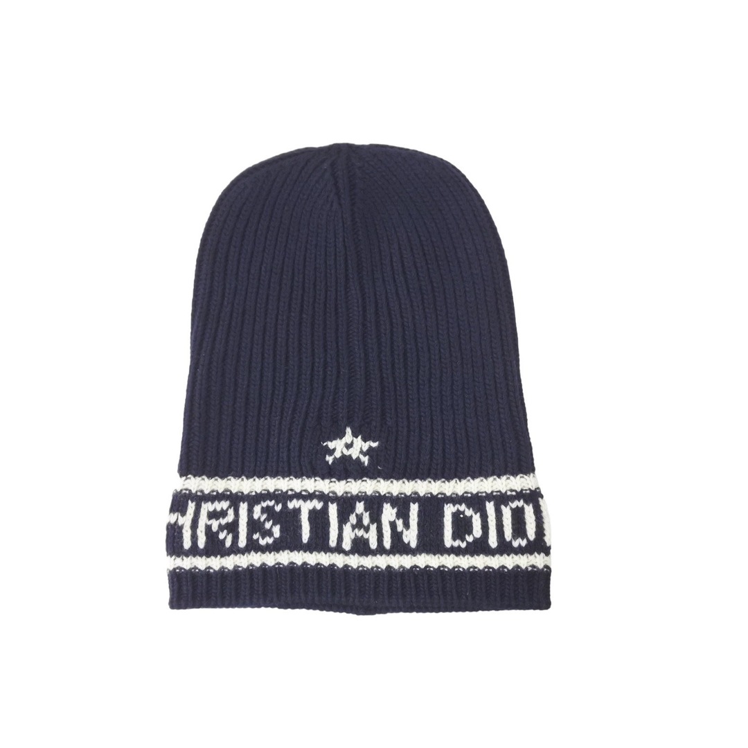 ChristianDior クリスチャンディオール ロゴ ニット帽 帽子 31NOE714IXGH ウール カシミヤ ネイビー ホワイト 美品  46953