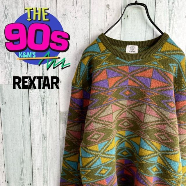 REXTAR○商品80's REXTAR 日本製　菱形　総柄　奇抜　個性派　ヴィンテージ ニット