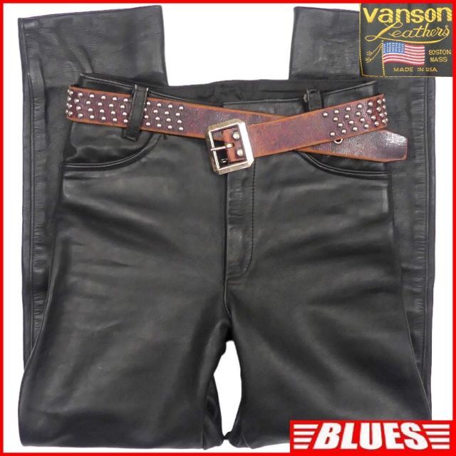アメリカ製 レザーパンツ VANSON バンソン メンズ W30 黒HH8596古着屋BLUES