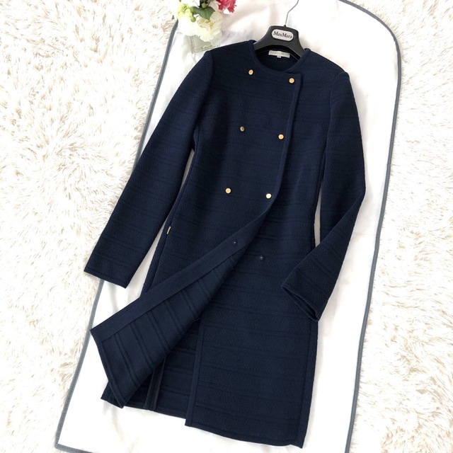新品同様‼️【エポカEPOCA】ノーカラーコート ネイビー紺ロゴ入り