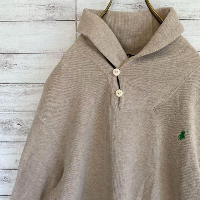 ポロラルフローレン ニット セーター 刺繍ロゴ へちま襟 ベージュ L