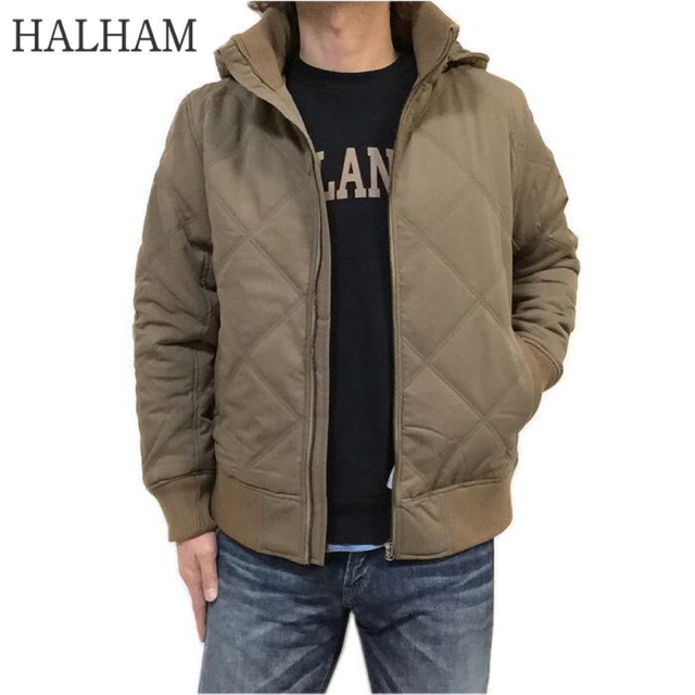 SALE HALHAM ハルハム フード脱着 ダイヤキルト 中綿ジャケット BEサンプル着用画像