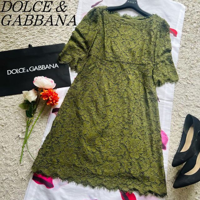 【美品】DOLCE&GABBANA 総レースワンピース￼￼ グリーン 38