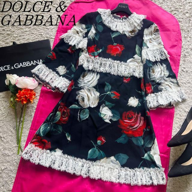 【美品】DOLCE&GABBANA 膝丈ワンピース 総柄 レース ロゴ入り 36