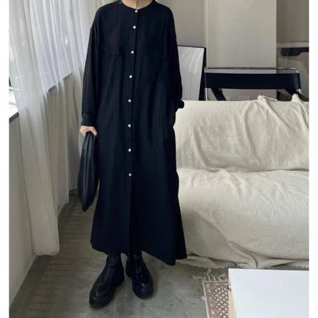 fashiru  stand collar long shirt OP ブラック レディースのワンピース(ロングワンピース/マキシワンピース)の商品写真