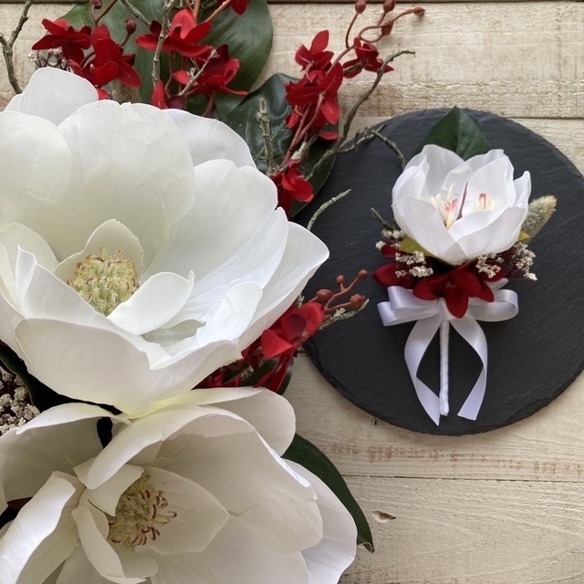 モクレンブーケ マグノリア ウェディングブーケ 送料込み 造花 ハンドメイドのウェディング(ブーケ)の商品写真