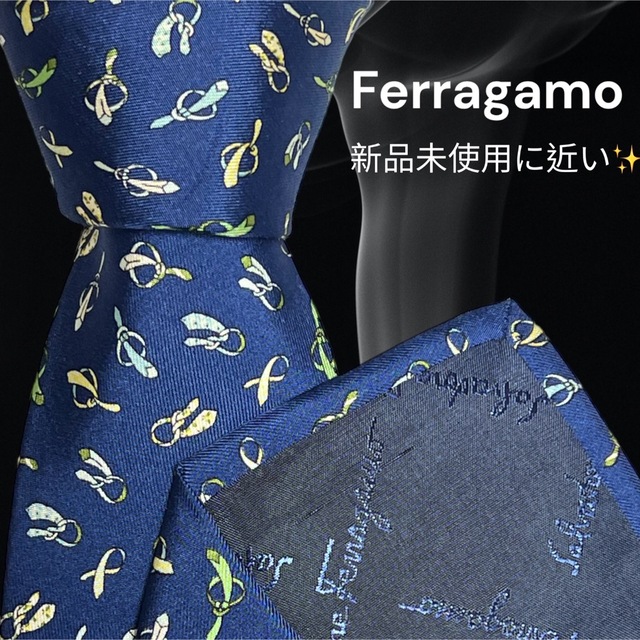 【高級ネクタイ✨極美品✨】Ferragamo ブルー系 ネクタイ柄