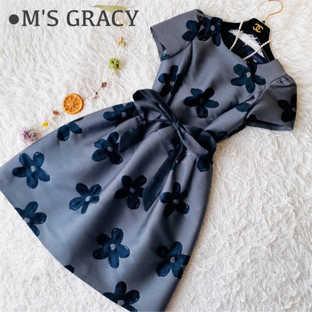 M'S GRACY - 極美品 エムズグレイシー リボン ボーダー 花柄