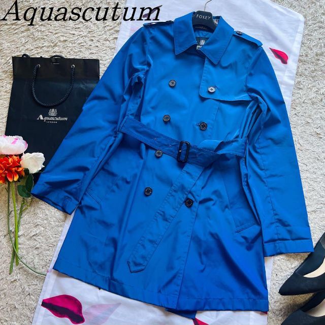 【美品】Aquascutum トレンチコート ブルー 防水 ミドル丈 8 M