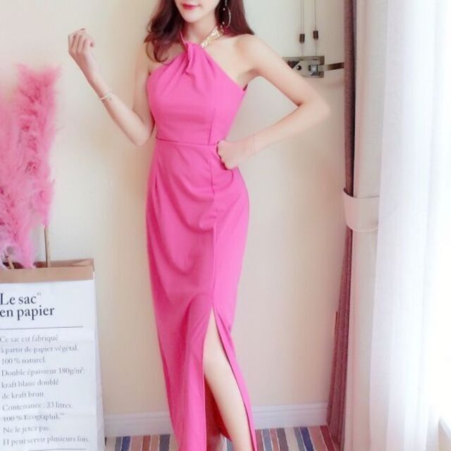 キャバドレス 248P ピンク ロング ドレス スリット ホルターネック レディースのフォーマル/ドレス(ロングドレス)の商品写真
