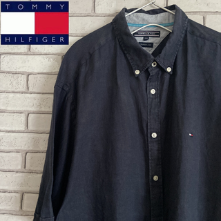 トミーヒルフィガー(TOMMY HILFIGER)のレア TOMMY HILFIGER 半袖BDシャツ リネン ロゴ刺繍 黒色XXL(シャツ)