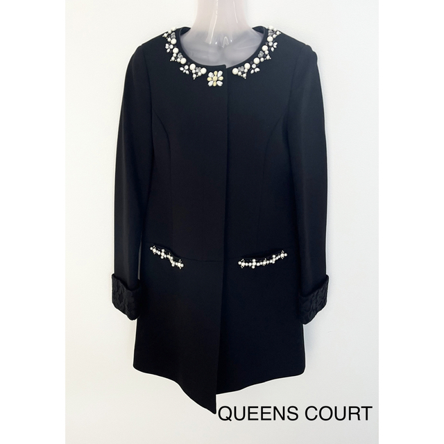 QUEENS COURT ビジュー付きノーカラーコート