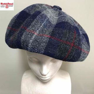 ハリスツイード(Harris Tweed)の【SALE】 ハリスツイード 灰紺系 チェック ハンドメイド ベレー帽(ハンチング/ベレー帽)