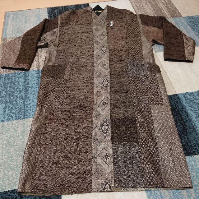 着物リメイク ハンドメイド コート 茶系 大島紬裂き織と大島紬 正絹