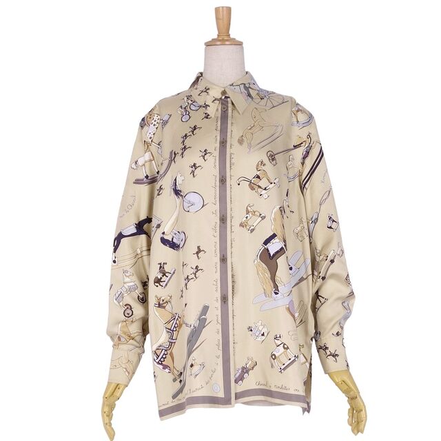 美品 エルメス HERMES シャツ ブラウス マルジェラ期 Raconte moi le cheval お馬の話をして シルク 総柄 トップス M~L