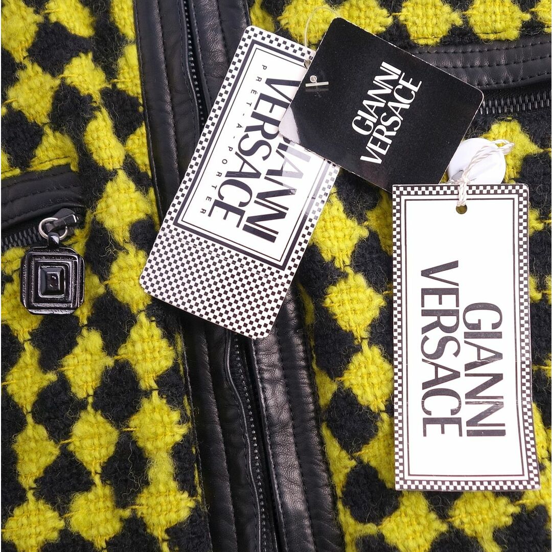 未使用 Vintage ジャンニヴェルサーチ GIANNI VERSACE ジャケット レザー ツイード ノーカラー レディース アウター 38(M相当) ブラック/イエロー