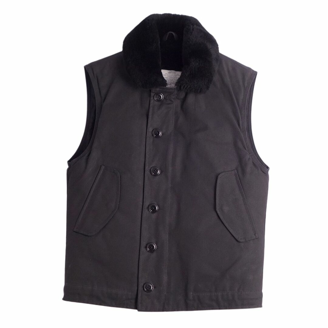 約47cm肩幅美品 ディーエン DEHEN ベスト N-1 VEST ムートンファー ドライワックスコットン アウター メンズ XS ブラック