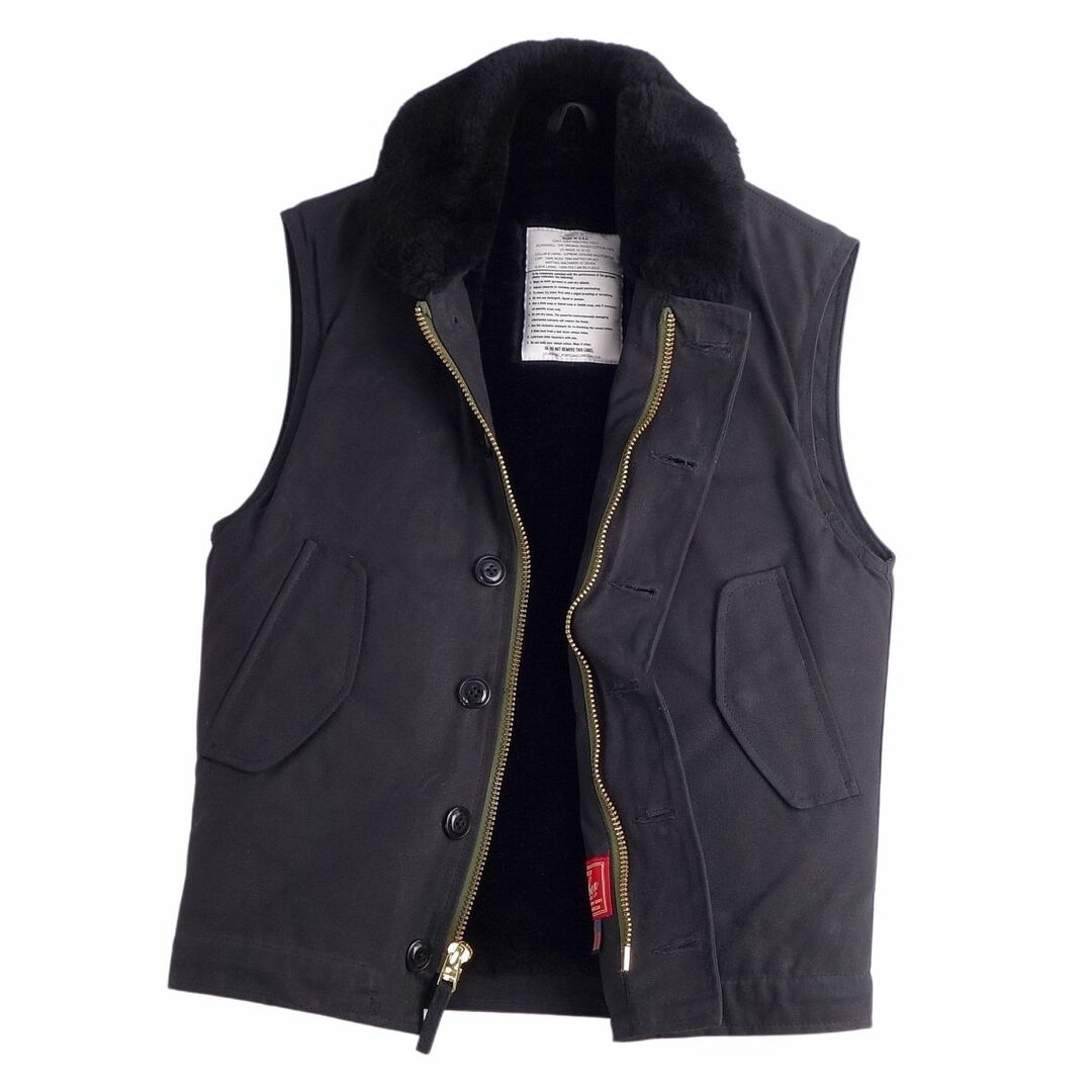 約47cm肩幅美品 ディーエン DEHEN ベスト N-1 VEST ムートンファー ドライワックスコットン アウター メンズ XS ブラック