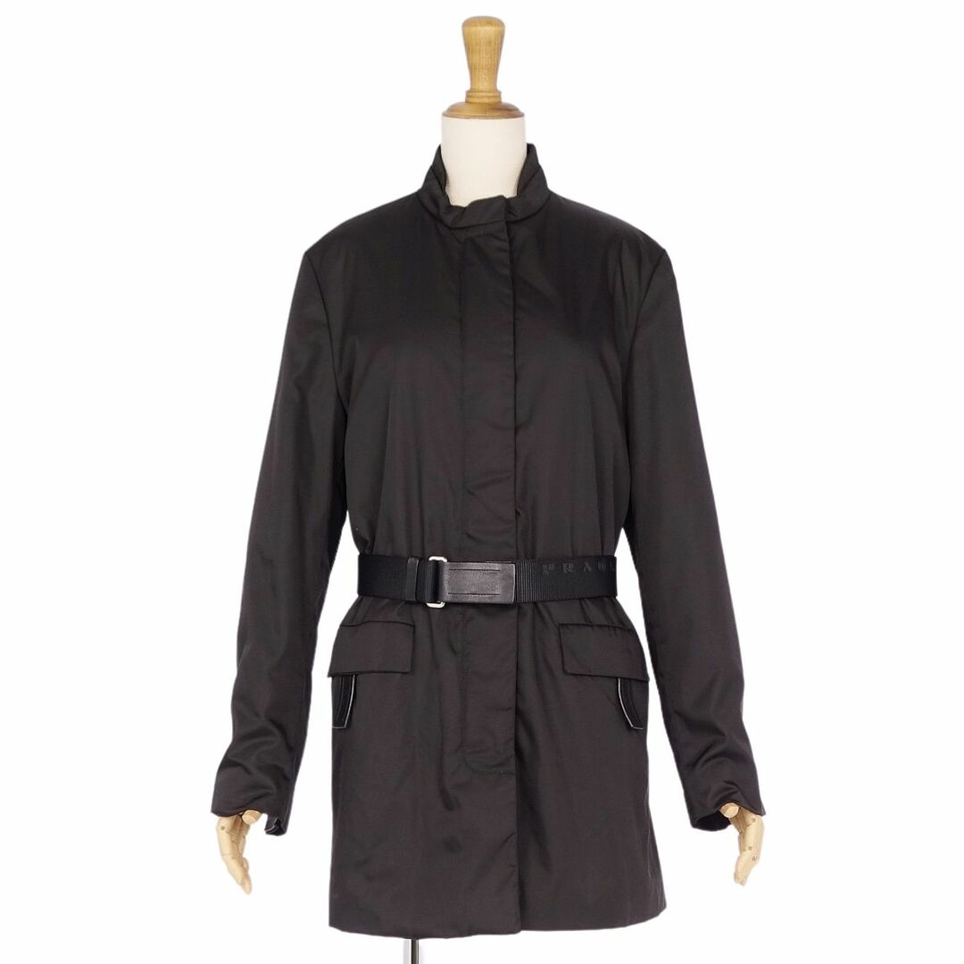 美品 プラダ PRADA コート ハーフコート 中綿入り ナイロン レザー 無地 アウター レディース 40(M相当) ブラック