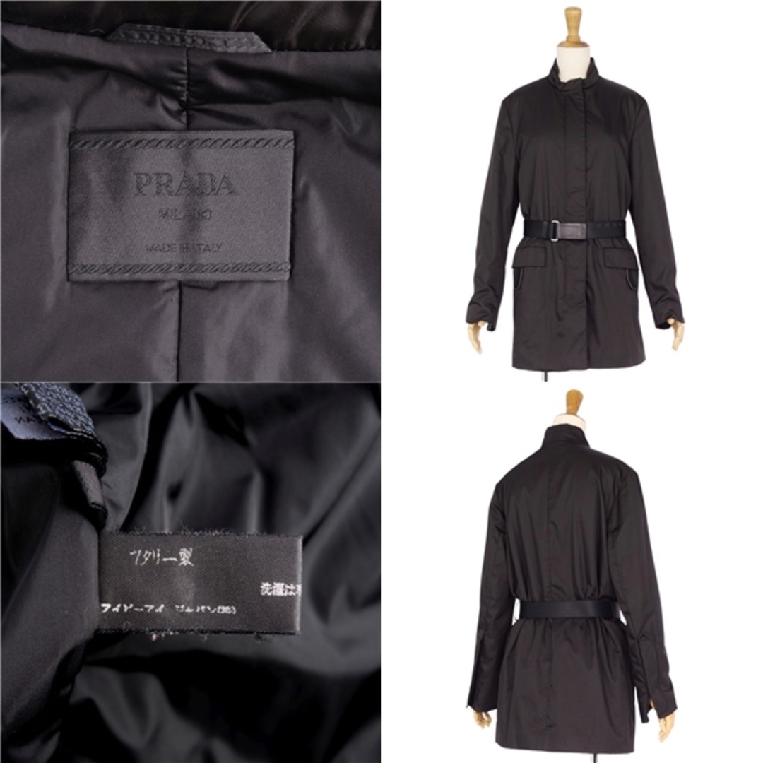 美品 プラダ PRADA コート ハーフコート 中綿入り ナイロン レザー 無地 アウター レディース 40(M相当) ブラック