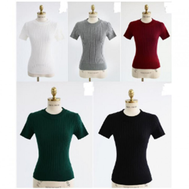 リブニット　セーター　半袖　ニット　ニットシャツ　レッド レディースのトップス(Tシャツ(半袖/袖なし))の商品写真