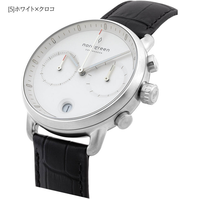 【新品】ノードグリーン メンズ腕時計 パイオニア 42mmホワイトフェイス シルバーケース [ホワイト×クロコ型押しレザーベルト] PI42SILEBCXX
