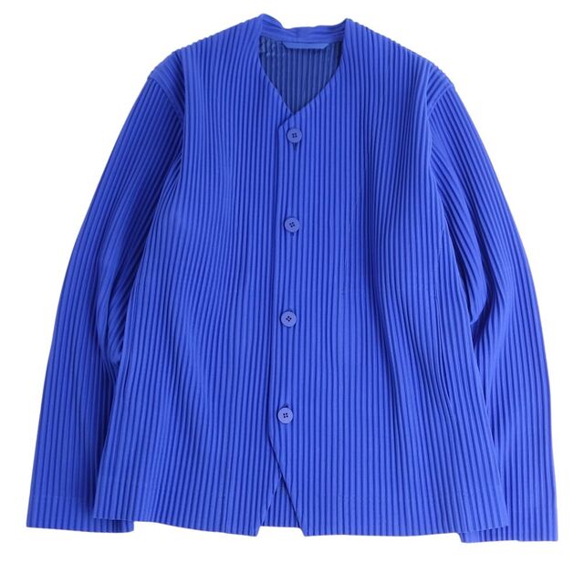 極美品 オムプリッセ イッセイミヤケ HOMME PLISSE ISSEY MIYAKE ジャケット ノーカラー プリーツ 無地 アウター メンズ  2(M相当) ブルー