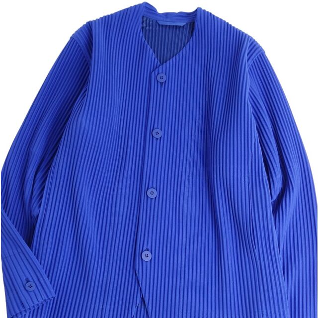 極美品 オムプリッセ イッセイミヤケ HOMME PLISSE ISSEY MIYAKE ジャケット ノーカラー プリーツ 無地 アウター メンズ 2(M相当) ブルー