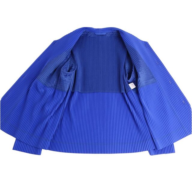 極美品 オムプリッセ イッセイミヤケ HOMME PLISSE ISSEY MIYAKE ジャケット ノーカラー プリーツ 無地 アウター メンズ 2(M相当) ブルー