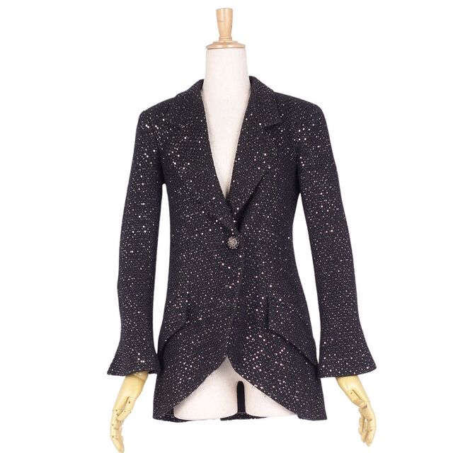 美品 シャネル CHANEL ジャケット テーラード ミックスツイード ココマークボタン スパンコール SAMPLE アウター レディース フランス製 38(M相当) ブラック