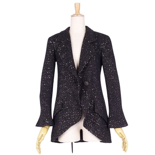 美品 シャネル CHANEL ジャケット テーラード ミックスツイード ココマークボタン スパンコール SAMPLE アウター レディース フランス製 38(M相当) ブラック