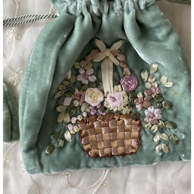 vintageヴィンテージレトロ花柄刺繍ベルベット巾着ポーチ