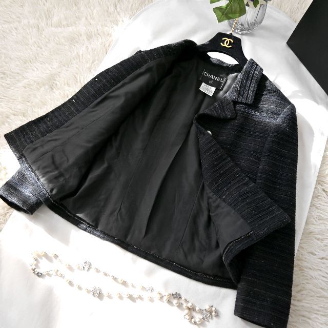 CHANEL シャネル ジャケット アウター ツィード 42 黒 美品 YXBdeVmr0e