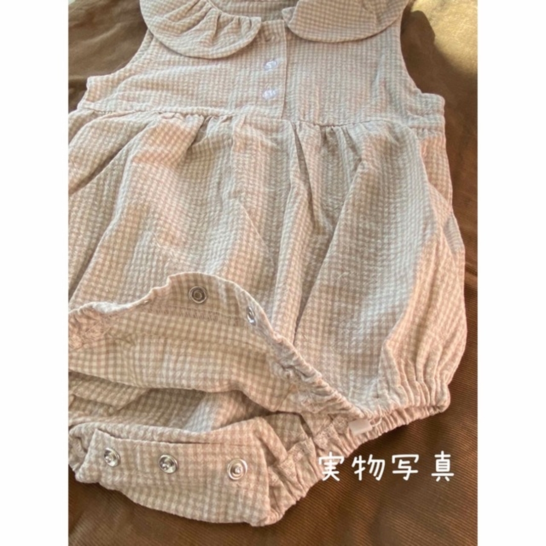 ☆ 丸襟付き チェック ロンパース ☆ 90ノースリーブ ベージュ キッズ/ベビー/マタニティのキッズ服女の子用(90cm~)(その他)の商品写真