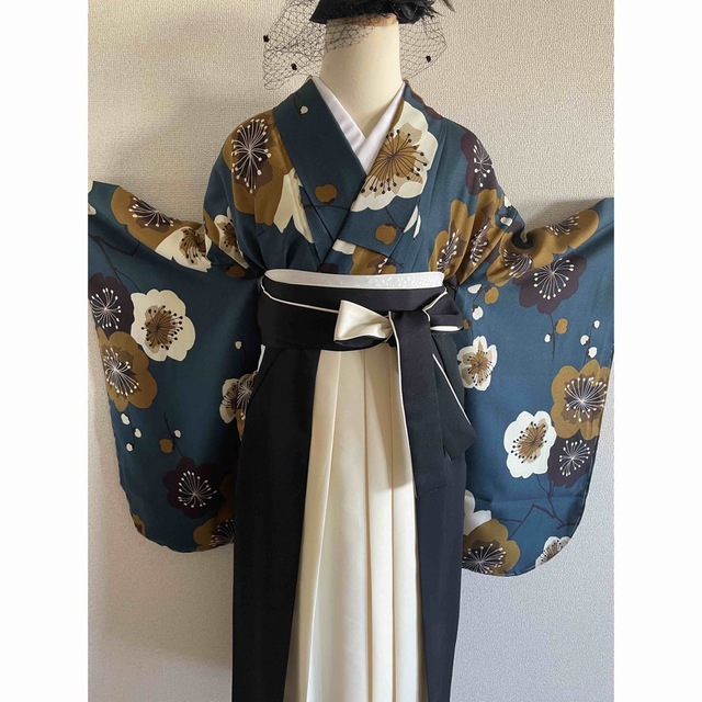 卒業式　レトロモダン二尺袖着物、袴、レース襟、❸点セット