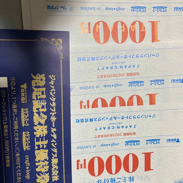 ☆ジャパンクラフト株主優待3000円分+発足記念優待券☆期限23/9 ...