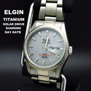 エルジン(ELGIN)のELGIN ソーラー腕時計 デイデイト ダイアモンド チタン製(腕時計(アナログ))