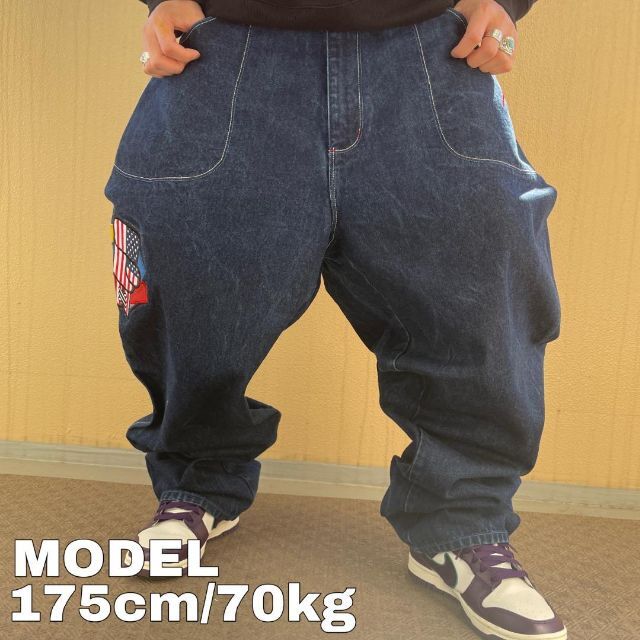 00s 極太 W40 相当 FUBU ワイド デニム バギーパンツ 刺繍-