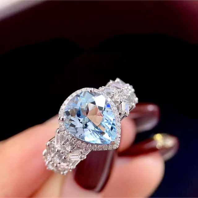 誕生日プレゼント 天然アクアマリン ダイヤ リング2.85ct k18 ¥ リング