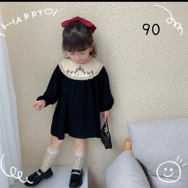 キッズ 子供服 刺繍 クラシカル 長袖 ワンピース 女の子 韓国 90 黒 bluke.com.br