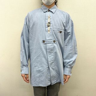 【中古】 Leben in Tracht チロリアン シャツ ロングスリーブ 長袖 花 金具 サイズ：43 ライトブルー 古着 中古 mellow(シャツ)