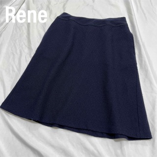 ルネ(René)の【美品】ルネ　Rene フレアスカート　ツイードスカート　ネイビー　日本製(ひざ丈スカート)