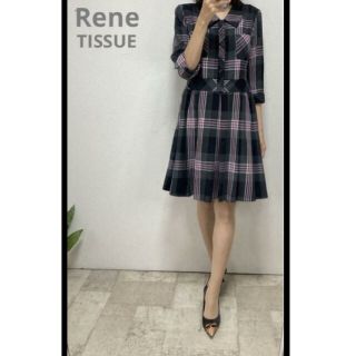 美品☆Rene ルネ 膝丈 ワンピース フレア ノーカラー ブラック 黒 34 ...