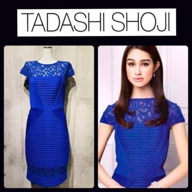 クーポン利用で2750円&送料無料 美品 Tadashi Shoji レース ブルーひざ