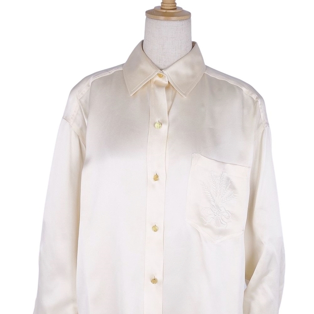Vintage シャネル CHANEL シャツ ブラウス ロングスリーブ シルクツイル コインボタン トップス レディース M相当 ベージュ