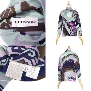 美品 レオナール LEONARD PARIS ニット セーター ロングスリーブ 総柄 ハイネック シルク トップス レディース 44(XL相当)  マルチカラー