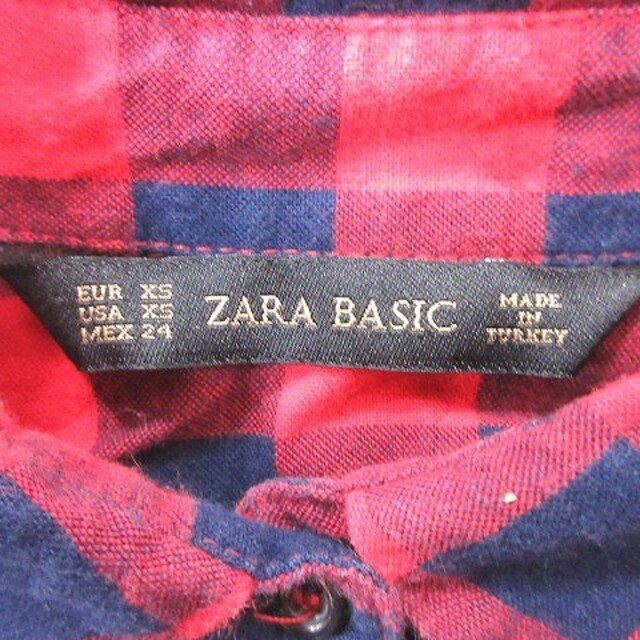 ザラ ベーシック シャツ チェック 長袖 XS 赤 レッド 紺 ネイビー レディースのトップス(シャツ/ブラウス(長袖/七分))の商品写真